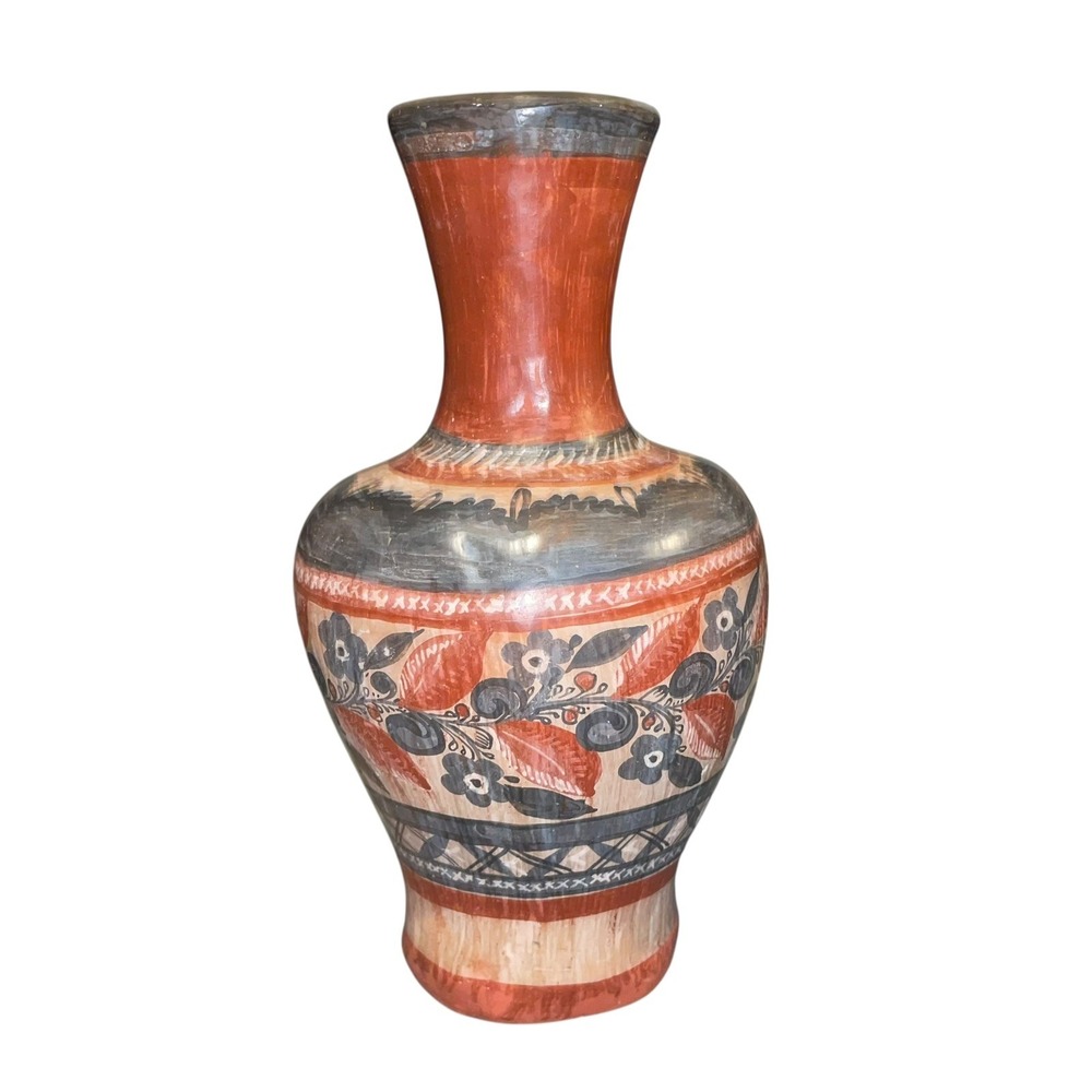 Vintage Tonala Pottery Vase 13.5" – Hand‎ Painted Mexican Folk Art Floral Red